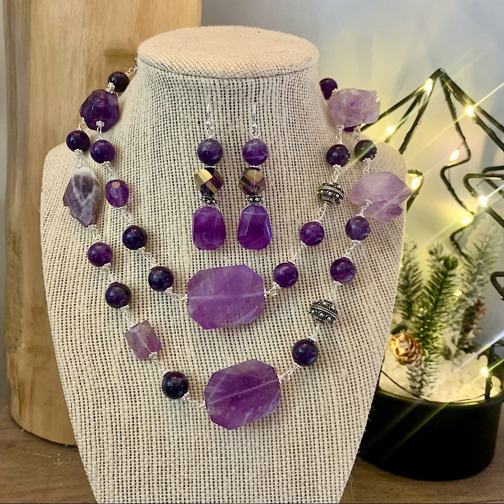 Handmade raw, faceted, link Amethyst & Swarovski crystal necklace & earrings set - Picture 1 of 6
